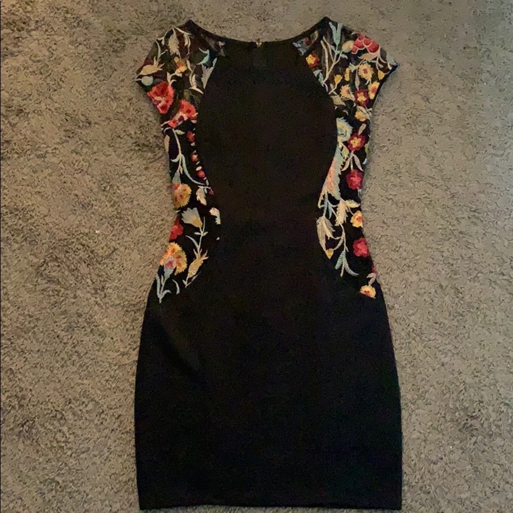 Black, floral sided mini dress